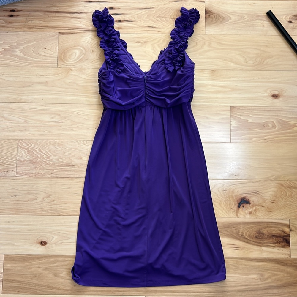 Maggie London Deep Purple V-Neck Ruffle Dress | Size 10 - Picture 4 of 7